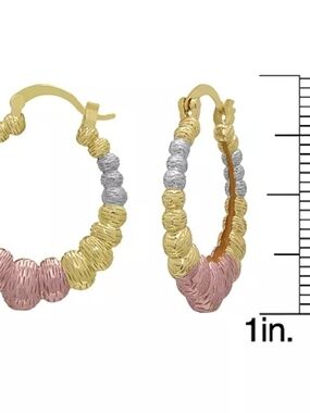 14k Gold Plated Brass Tri-CTri-Tone Textured Hoop Earrings - Pink, Gold & Silver